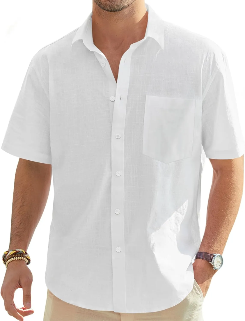 Men's Linen Short Sleeve Shirts Cotton Casual Lightweight Button Down Shirt Beach Vacation Summer Tops with Pocket
