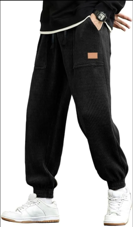 Mens Corduroy Joggers Pants Casual Cargo Pants Drawstring Elastic Waist Baggy Tapered Sweatpants with Pockets