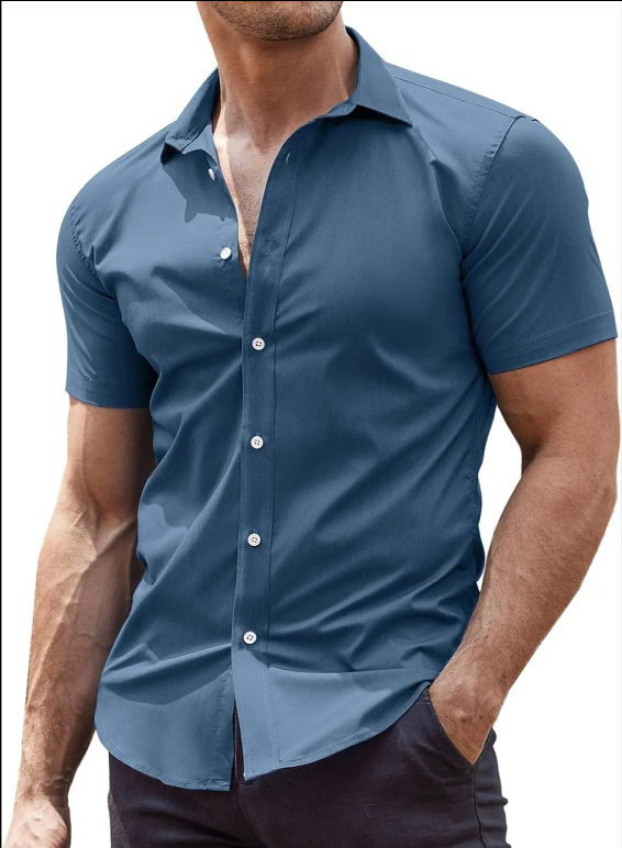 Men's Muscle Fit Dress Shirts Wrinkle-Free Short Sleeve Casual Button Down Shirt