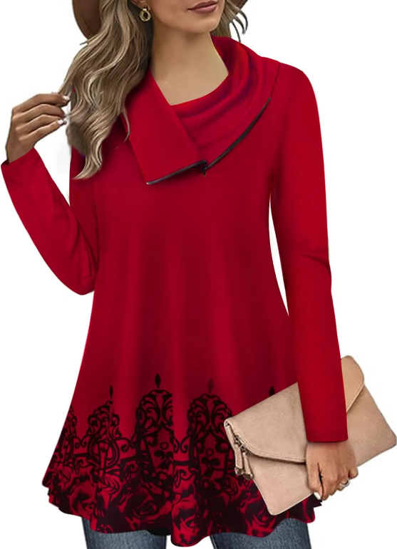 Women's Long Sleeve Cowl Neck Form Fitting Casual Tunic Top Blouse