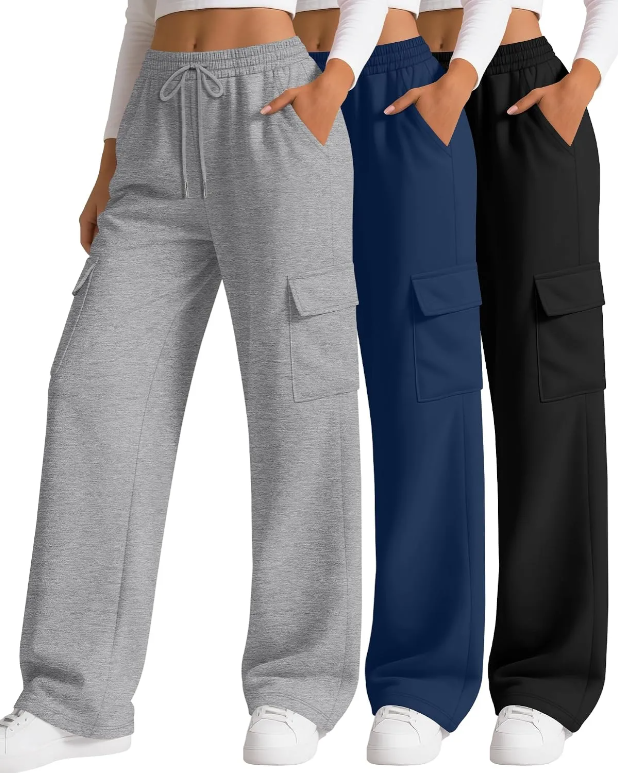 3 Pack Women's Cargo Sweatpants Wide Leg Baggy Loose Elastic Drawstring Pants Casual Athletic Joggers with 4 Pockets
